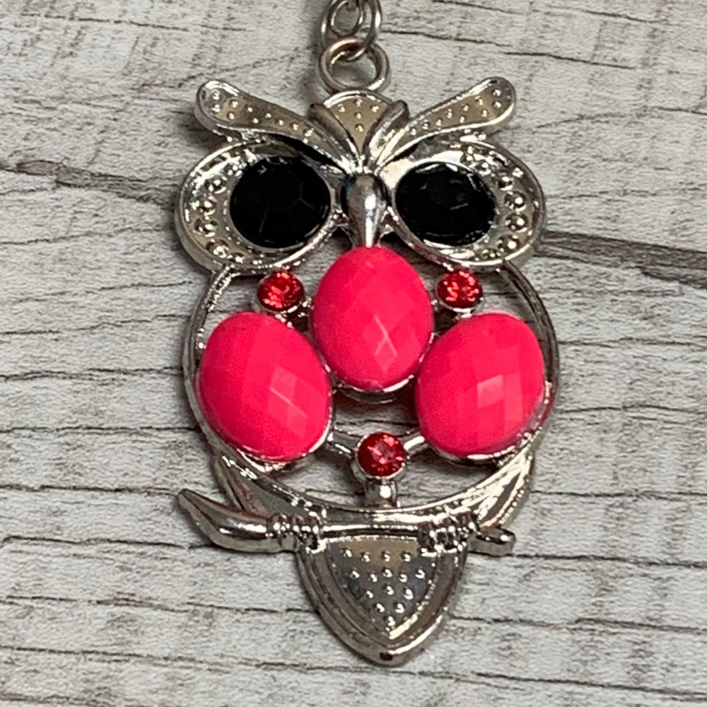 Silver Tone Pink Owl Pendant Necklace Black Eyes Red Rhinestones 24 Inch Chain